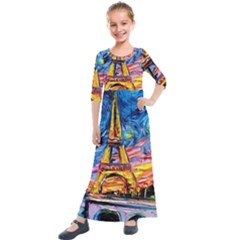 Eiffel Tower Starry Night Print Van Gogh Kids  Quarter Sleeve Maxi Dress by Modalart