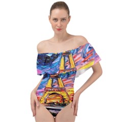 Eiffel Tower Starry Night Print Van Gogh Off Shoulder Velour Bodysuit  by Modalart