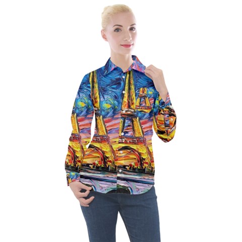 Eiffel Tower Starry Night Print Van Gogh Women s Long Sleeve Pocket Shirt by Modalart