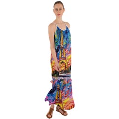 Eiffel Tower Starry Night Print Van Gogh Cami Maxi Ruffle Chiffon Dress by Modalart