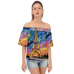 Eiffel Tower Starry Night Print Van Gogh Off Shoulder Short Sleeve Top by Modalart