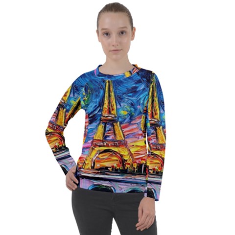 Eiffel Tower Starry Night Print Van Gogh Women s Long Sleeve Raglan T-shirt by Modalart