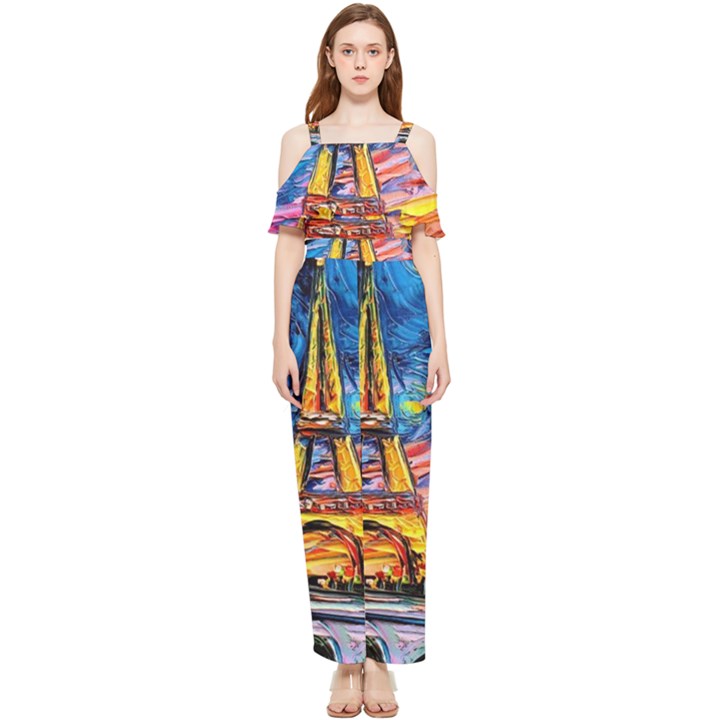 Eiffel Tower Starry Night Print Van Gogh Draped Sleeveless Chiffon Jumpsuit