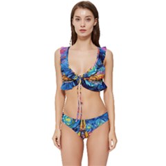 Eiffel Tower Starry Night Print Van Gogh Low Cut Ruffle Edge Bikini Set by Modalart