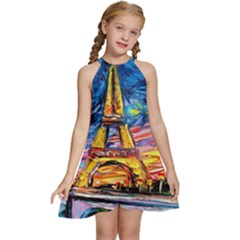 Eiffel Tower Starry Night Print Van Gogh Kids  Halter Collar Waist Tie Chiffon Dress by Modalart