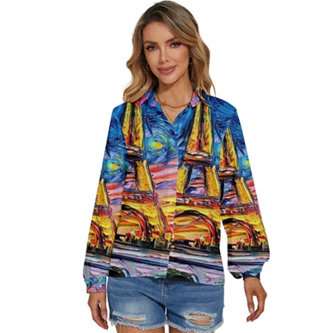 Eiffel Tower Starry Night Print Van Gogh Women s Long Sleeve Button Up Shirt by Modalart