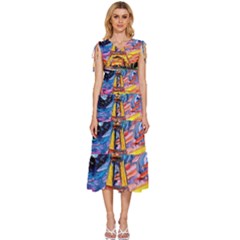 Eiffel Tower Starry Night Print Van Gogh V-neck Drawstring Shoulder Sleeveless Maxi Dress by Modalart