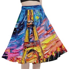 Eiffel Tower Starry Night Print Van Gogh A-line Full Circle Midi Skirt With Pocket by Modalart