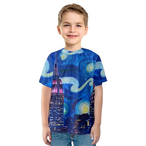 Starry Night In New York Van Gogh Manhattan Chrysler Building And Empire State Building Kids  Sport Mesh T-shirt by Modalart