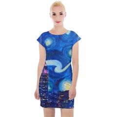 Starry Night In New York Van Gogh Manhattan Chrysler Building And Empire State Building Cap Sleeve Bodycon Dress by Modalart