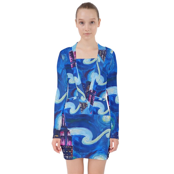 Starry Night In New York Van Gogh Manhattan Chrysler Building And Empire State Building V-neck Bodycon Long Sleeve Dress