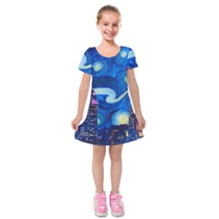 Starry Night In New York Van Gogh Manhattan Chrysler Building And Empire State Building Kids  Short Sleeve Velvet Dress by Modalart