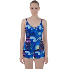 Starry Night In New York Van Gogh Manhattan Chrysler Building And Empire State Building Tie Front Two Piece Tankini by Modalart