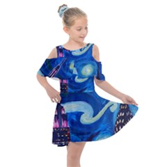 Starry Night In New York Van Gogh Manhattan Chrysler Building And Empire State Building Kids  Shoulder Cutout Chiffon Dress by Modalart