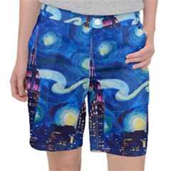 Starry Night In New York Van Gogh Manhattan Chrysler Building And Empire State Building Women s Pocket Shorts by Modalart