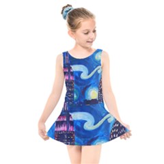 Starry Night In New York Van Gogh Manhattan Chrysler Building And Empire State Building Kids  Skater Dress Swimsuit by Modalart