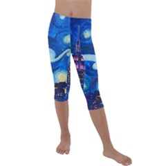 Starry Night In New York Van Gogh Manhattan Chrysler Building And Empire State Building Kids  Lightweight Velour Capri Leggings  by Modalart