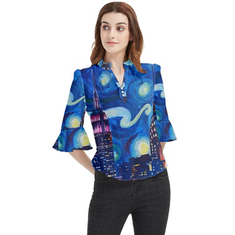 Starry Night In New York Van Gogh Manhattan Chrysler Building And Empire State Building Loose Horn Sleeve Chiffon Blouse by Modalart