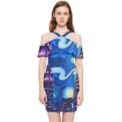 Starry Night In New York Van Gogh Manhattan Chrysler Building And Empire State Building Shoulder Frill Bodycon Summer Dress by Modalart