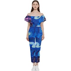 Starry Night In New York Van Gogh Manhattan Chrysler Building And Empire State Building Bardot Ruffle Jumpsuit by Modalart