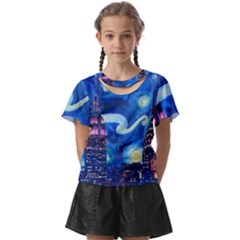 Starry Night In New York Van Gogh Manhattan Chrysler Building And Empire State Building Kids  Front Cut T-shirt by Modalart