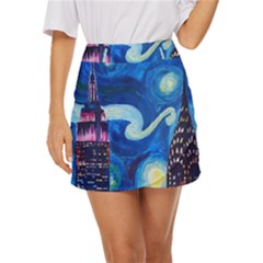 Starry Night In New York Van Gogh Manhattan Chrysler Building And Empire State Building Mini Front Wrap Skirt by Modalart