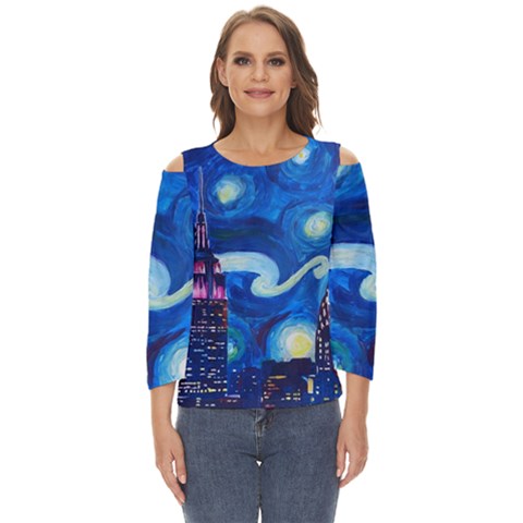 Starry Night In New York Van Gogh Manhattan Chrysler Building And Empire State Building Cut Out Wide Sleeve Top by Modalart