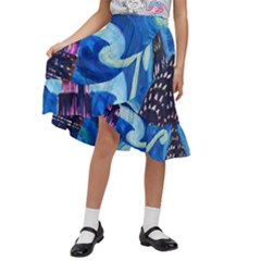 Starry Night In New York Van Gogh Manhattan Chrysler Building And Empire State Building Kids  Ruffle Flared Wrap Midi Skirt by Modalart