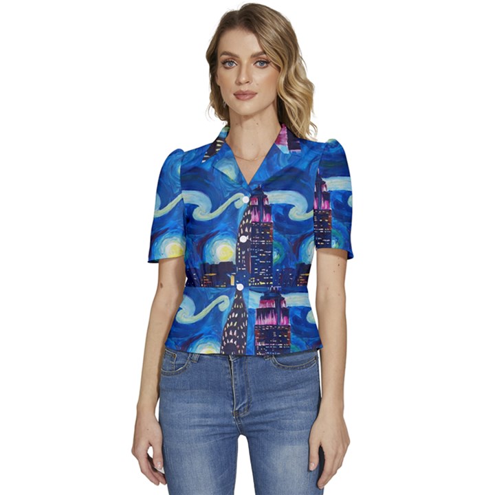 Starry Night In New York Van Gogh Manhattan Chrysler Building And Empire State Building Puffed Short Sleeve Button Up Jacket