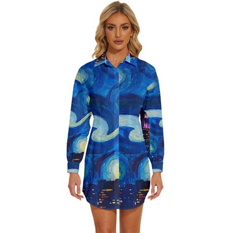 Starry Night In New York Van Gogh Manhattan Chrysler Building And Empire State Building Womens Long Sleeve Shirt Dress by Modalart