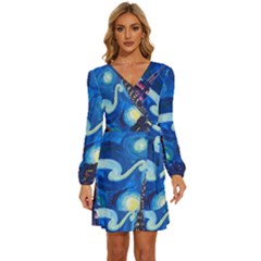 Starry Night In New York Van Gogh Manhattan Chrysler Building And Empire State Building Long Sleeve Waist Tie Ruffle Velvet Dress by Modalart