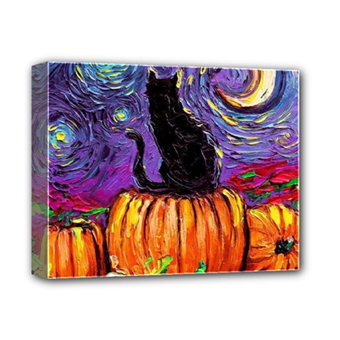 Halloween Art Starry Night Hallows Eve Black Cat Pumpkin Deluxe Canvas 14  X 11  (stretched) by Modalart