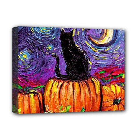 Halloween Art Starry Night Hallows Eve Black Cat Pumpkin Deluxe Canvas 16  X 12  (stretched)  by Modalart