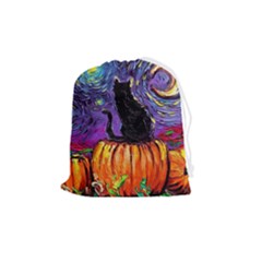 Halloween Art Starry Night Hallows Eve Black Cat Pumpkin Drawstring Pouch (medium)