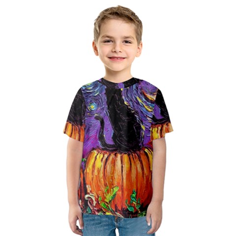 Halloween Art Starry Night Hallows Eve Black Cat Pumpkin Kids  Sport Mesh T-shirt by Modalart