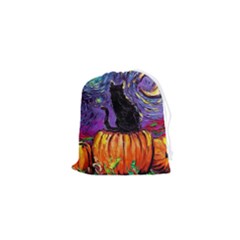 Halloween Art Starry Night Hallows Eve Black Cat Pumpkin Drawstring Pouch (xs) by Modalart