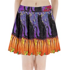 Halloween Art Starry Night Hallows Eve Black Cat Pumpkin Pleated Mini Skirt by Modalart