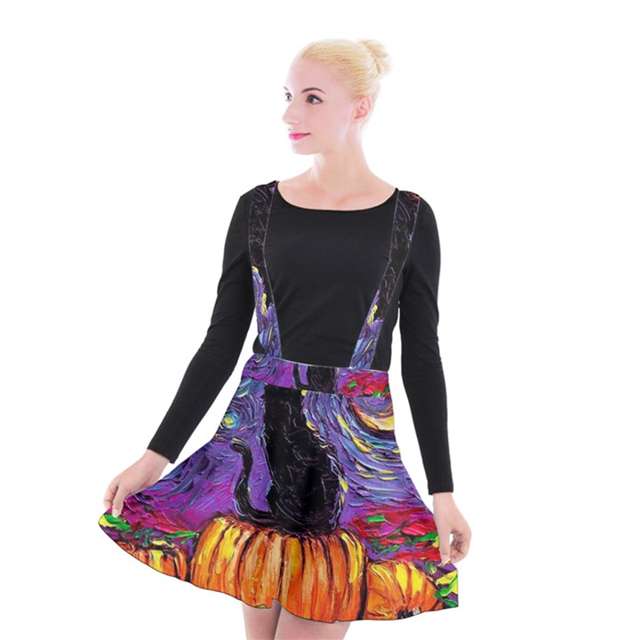 Halloween Art Starry Night Hallows Eve Black Cat Pumpkin Suspender Skater Skirt