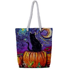 Halloween Art Starry Night Hallows Eve Black Cat Pumpkin Full Print Rope Handle Tote (small) by Modalart