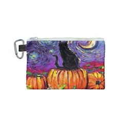 Halloween Art Starry Night Hallows Eve Black Cat Pumpkin Canvas Cosmetic Bag (small) by Modalart