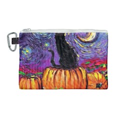 Halloween Art Starry Night Hallows Eve Black Cat Pumpkin Canvas Cosmetic Bag (large) by Modalart