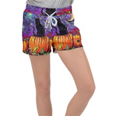 Halloween Art Starry Night Hallows Eve Black Cat Pumpkin Women s Velour Lounge Shorts by Modalart