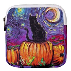 Halloween Art Starry Night Hallows Eve Black Cat Pumpkin Mini Square Pouch by Modalart