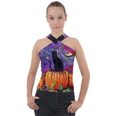 Halloween Art Starry Night Hallows Eve Black Cat Pumpkin Cross Neck Velour Top by Modalart