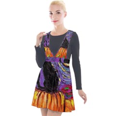 Halloween Art Starry Night Hallows Eve Black Cat Pumpkin Plunge Pinafore Velour Dress by Modalart