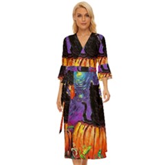 Halloween Art Starry Night Hallows Eve Black Cat Pumpkin Midsummer Wrap Dress by Modalart