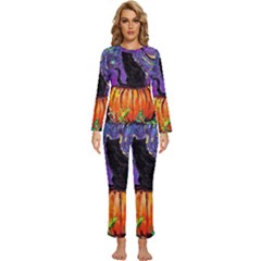 Halloween Art Starry Night Hallows Eve Black Cat Pumpkin Womens  Long Sleeve Lightweight Pajamas Set