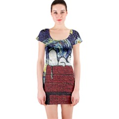 Cartoon Dog House Van Gogh Short Sleeve Bodycon Dress by Modalart