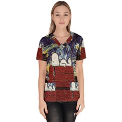 Cartoon Dog House Van Gogh Women s V-neck Scrub Top by Modalart