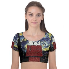 Cartoon Dog House Van Gogh Velvet Short Sleeve Crop Top  by Modalart